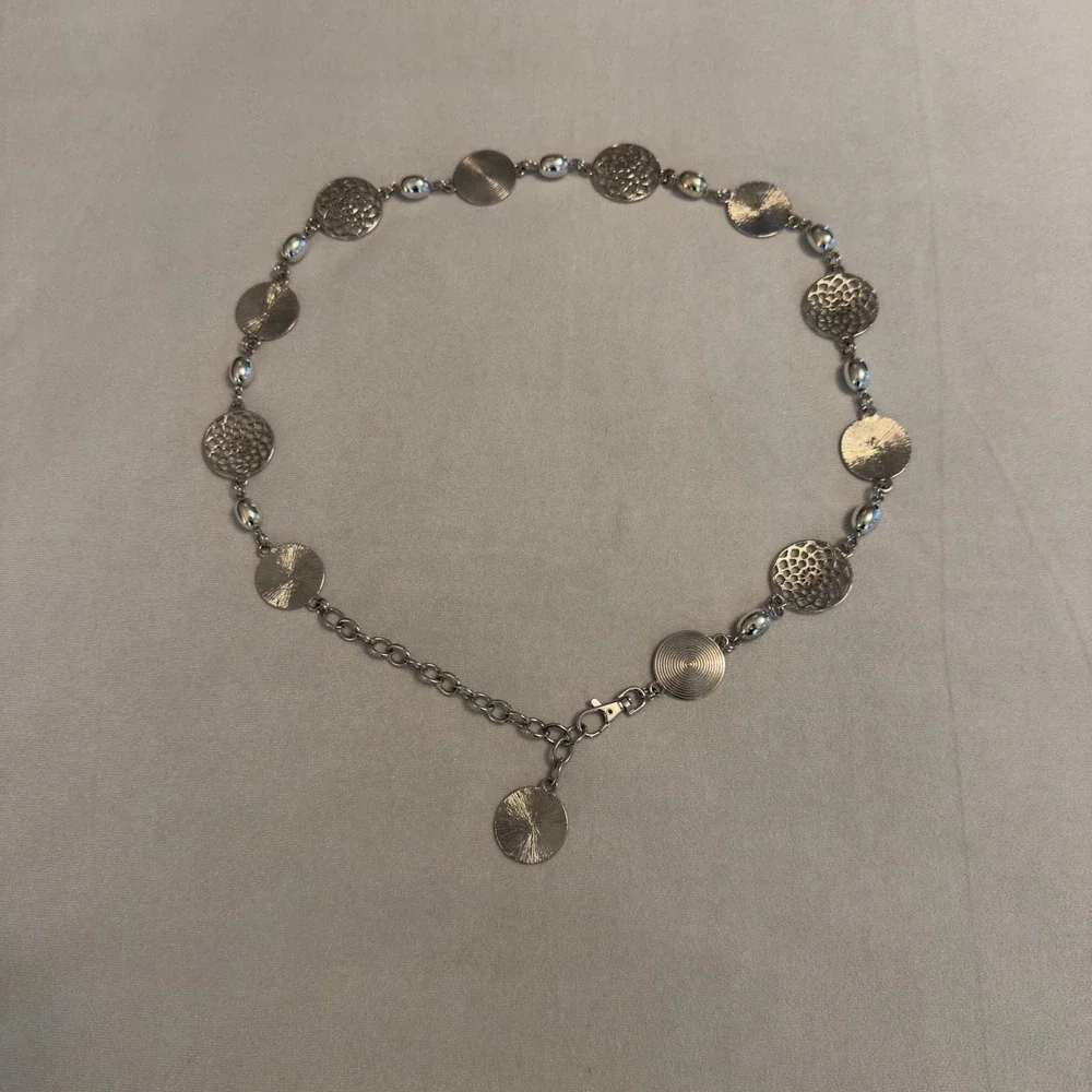Silver Tone Medallion Chain Link Belt Adjustable‎ Filigree Spiral Disc 43 Inch